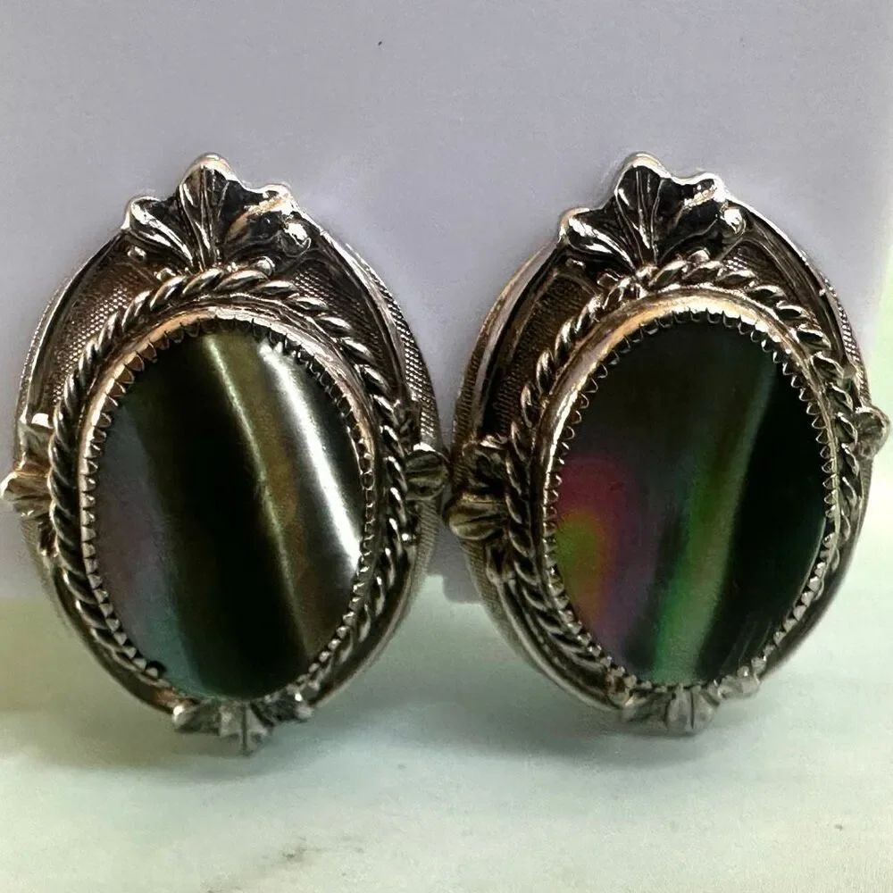 Whiting & Davis Abalone Shell Clip-On Earrings Vintage Silver Tone